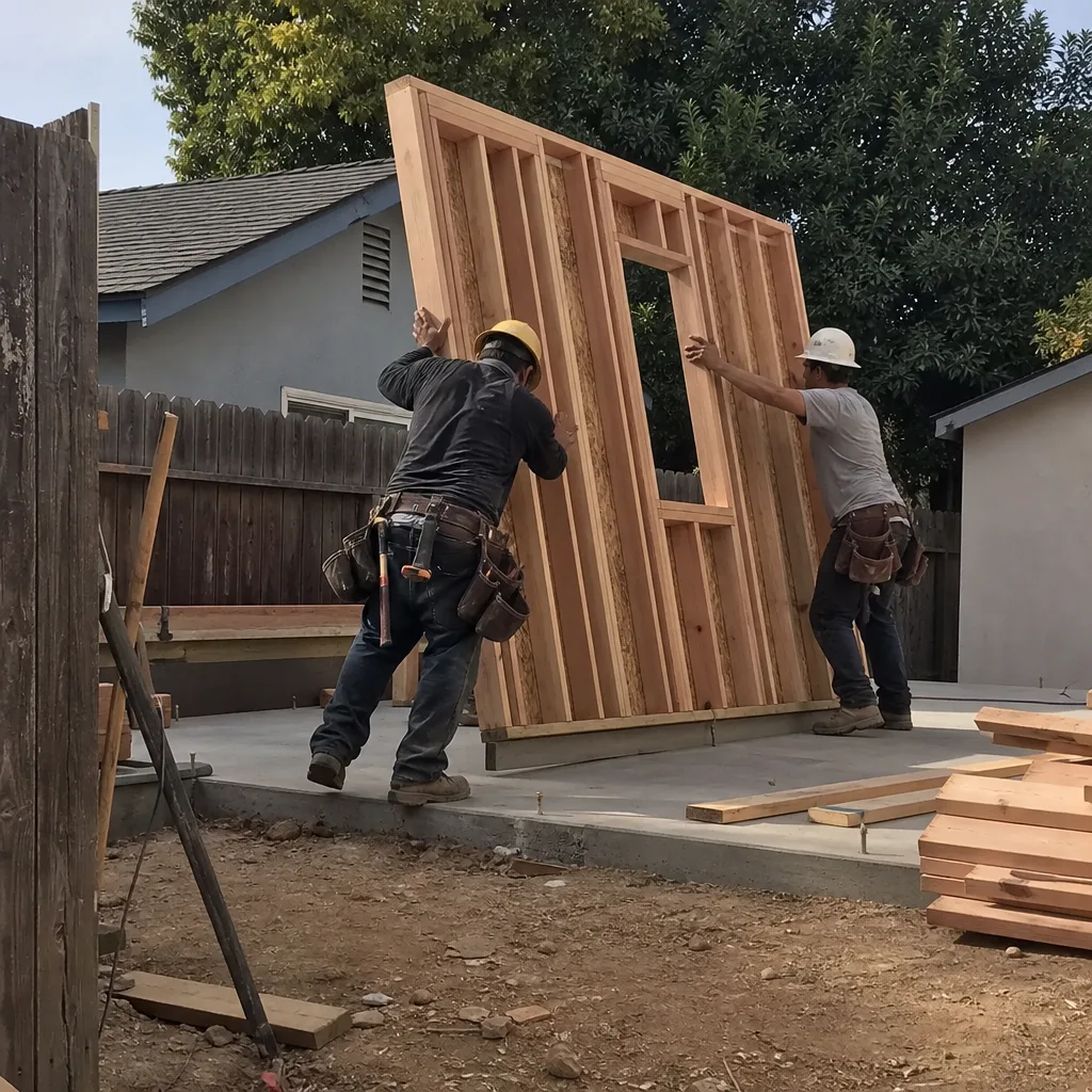 Two professional builders installing a wooden wall frame for an ADU