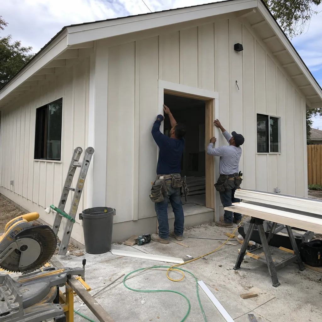 Two professional builders installing exterior door trim on a new ADU