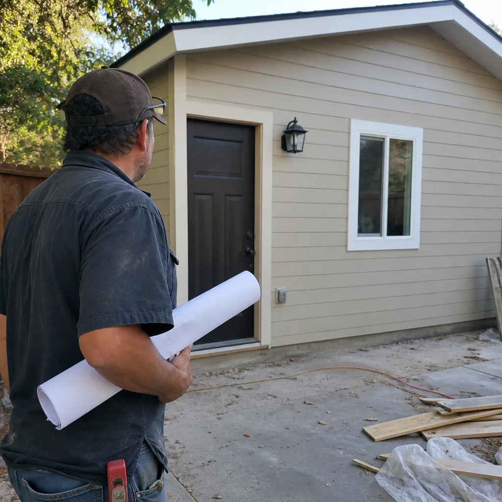 Contractor holding construction blueprints in front of a new accessory dwelling unit